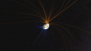 Earth's magnetic field connects field lines from the North Pole (orange) with field lines from the South Pole (blue). Over the course of our planet's history, the field's polarity has switched many times. (Image: NASA/Goddard Space Flight Center) Earth's magnetic field connects field lines from the North Pole (orange) with field lines from the South Pole (blue). Over the course of our planet's history, the field's polarity has switched many times. (Image: NASA/Goddard Space Flight Center)
